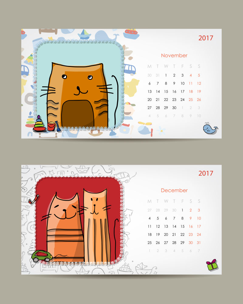 2017年矢量设计猫咪形象的日历