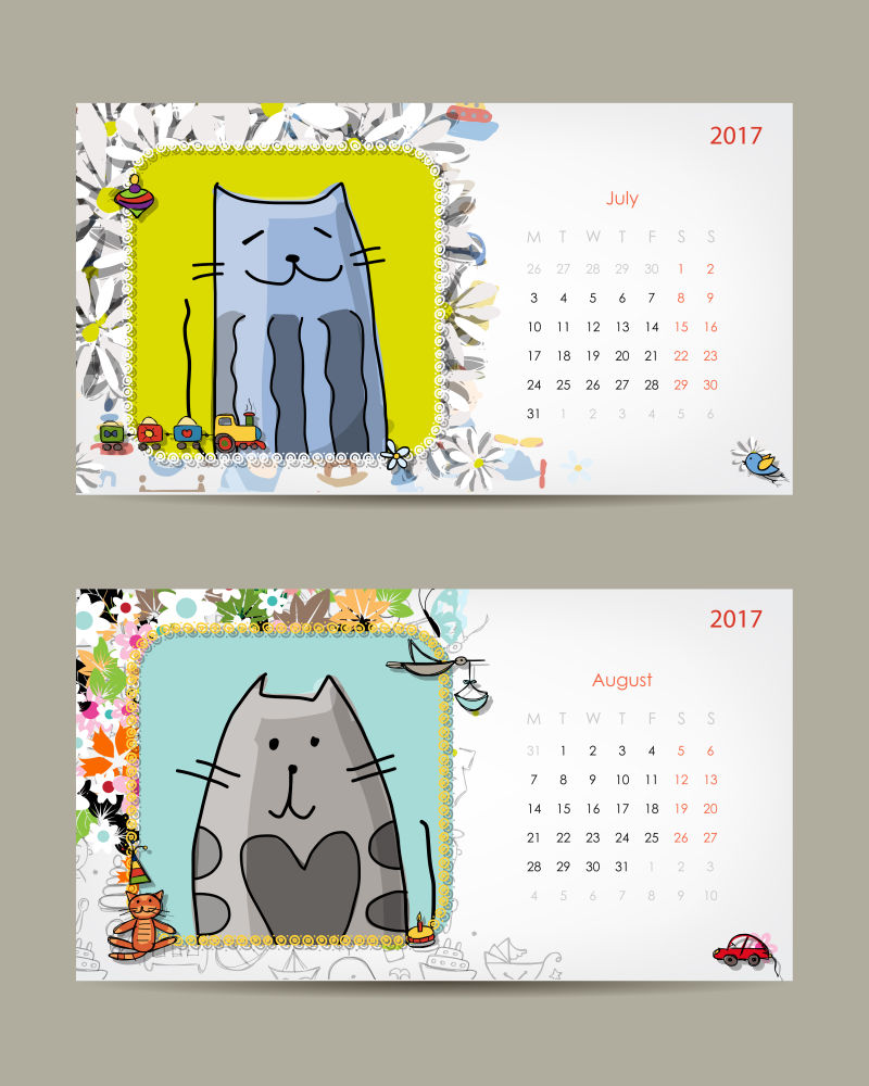 矢量设计小猫咪新年日历