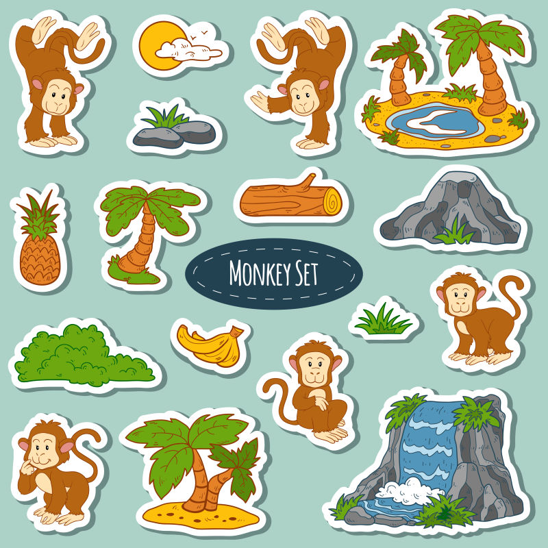 自然界里集各种可爱的猴子矢量有趣贴纸