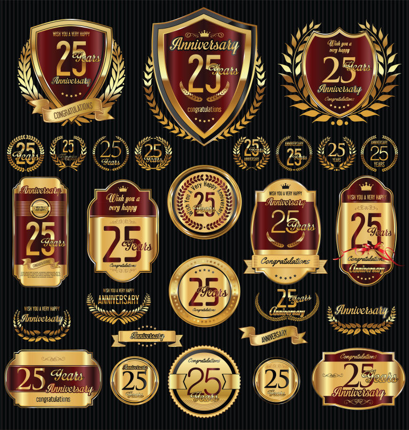 创意矢量金色25周年复古纪念标签设计