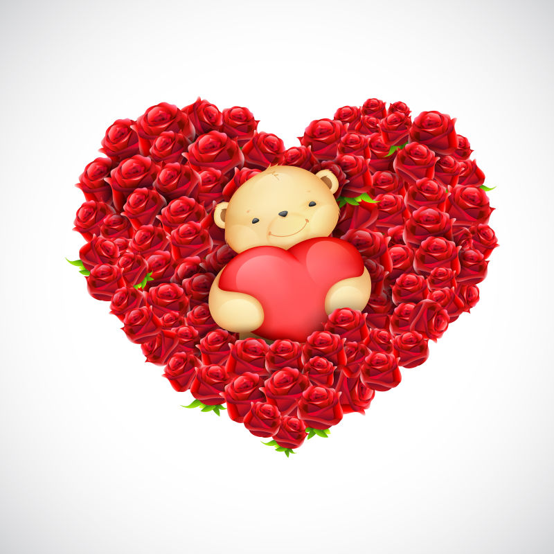 玫瑰花丛里的可爱泰迪熊矢量插图