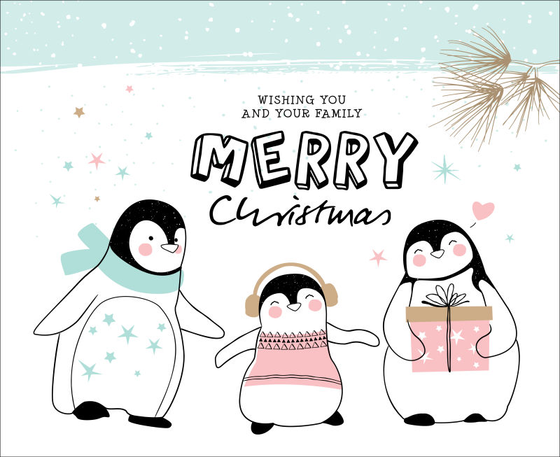 企鹅家庭圣诞矢量贺卡