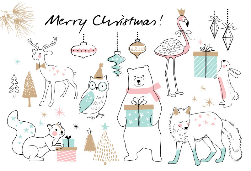 可爱的手绘小动物圣诞矢量贺卡