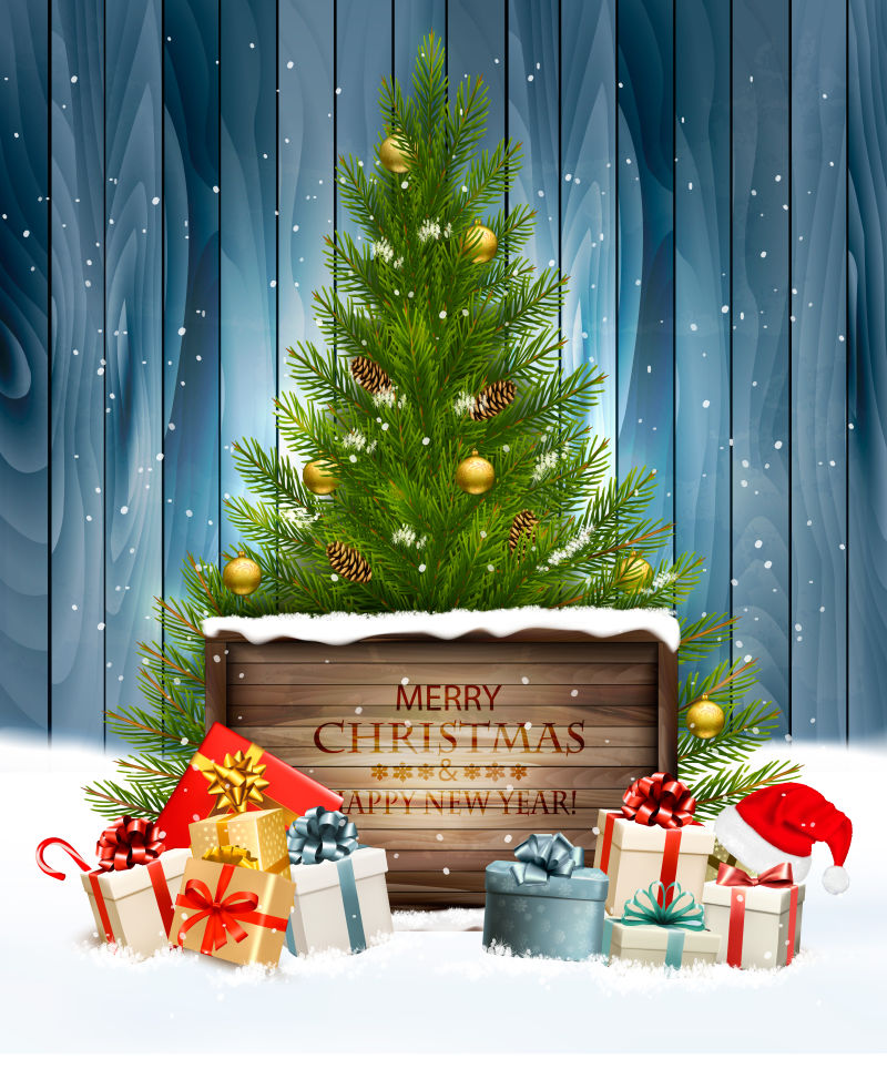 圣诞树和礼物圣诞老人帽子矢量插图