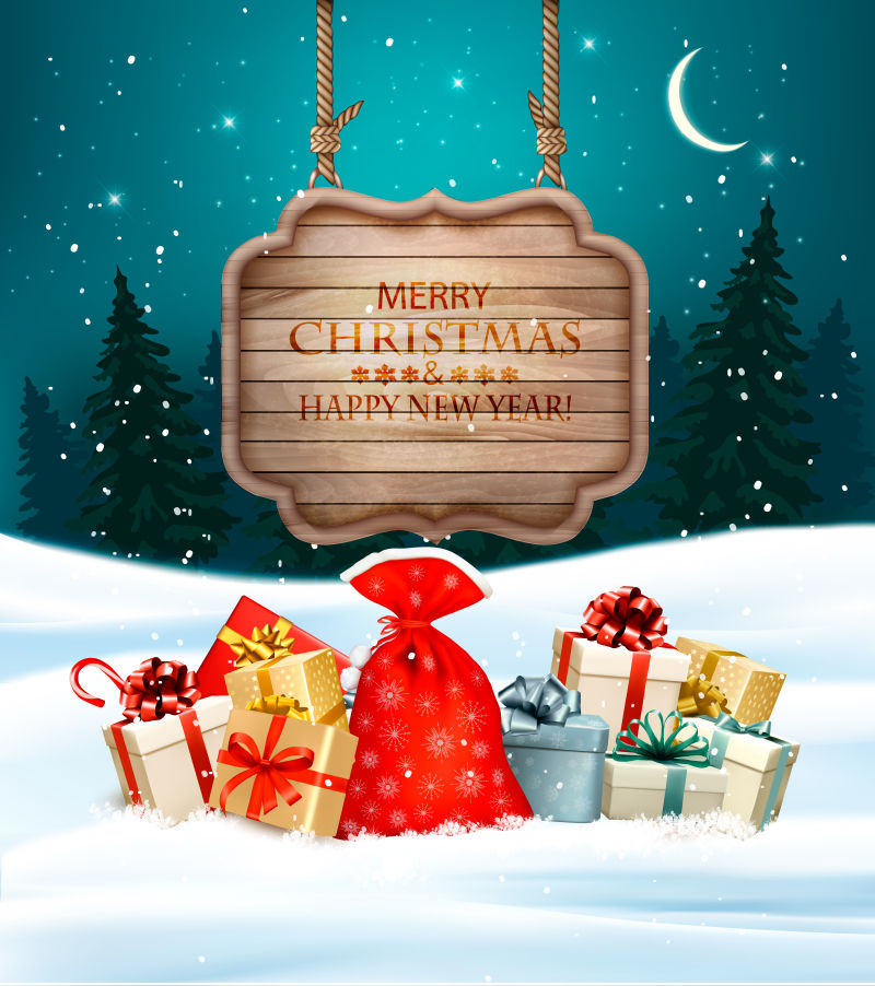 节日圣诞背景与礼品盒和木制标志矢量插图