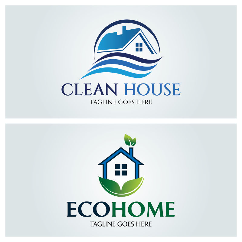矢量绿色和蓝色的家居清洁标志设计