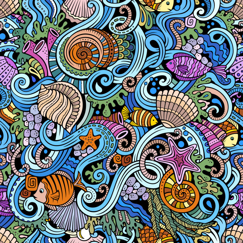 水下生活主题彩色涂鸦矢量图