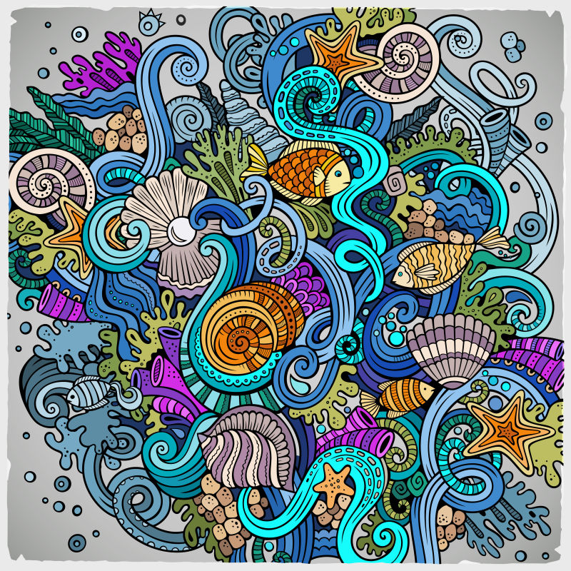 彩色海洋生物涂鸦矢量图