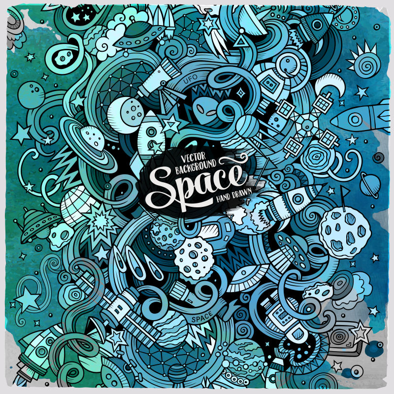 太空空间主题彩色涂鸦矢量图