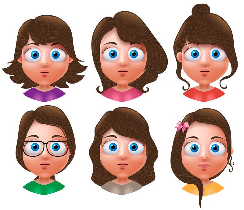 一组十几岁的女孩头部不同的发型和可爱的面孔矢量插图