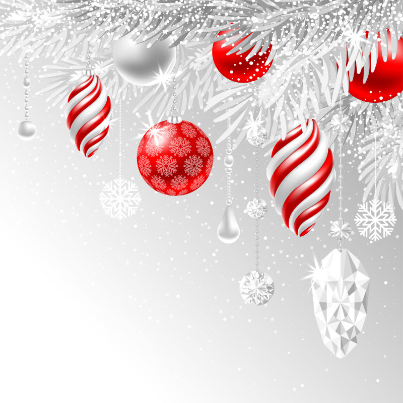 圣诞贺卡与冷冻云杉树枝和不同的圣诞装饰矢量插图