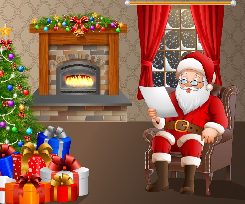 矢量设计坐在壁炉前看礼物单的圣诞老人