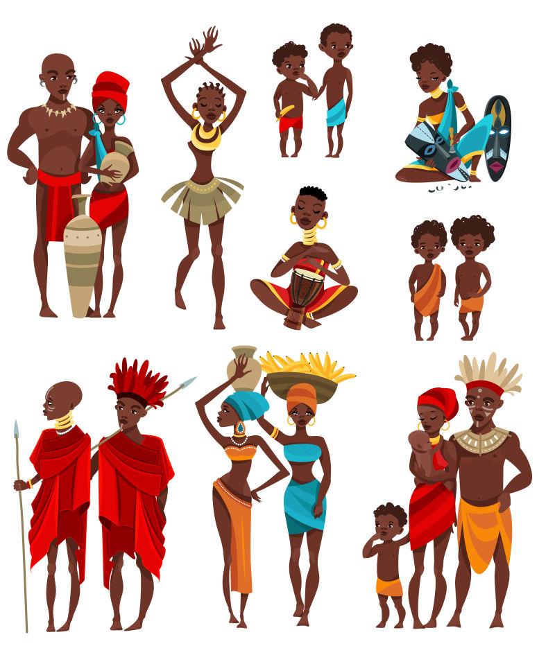矢量卡通非洲传统部落服装人物