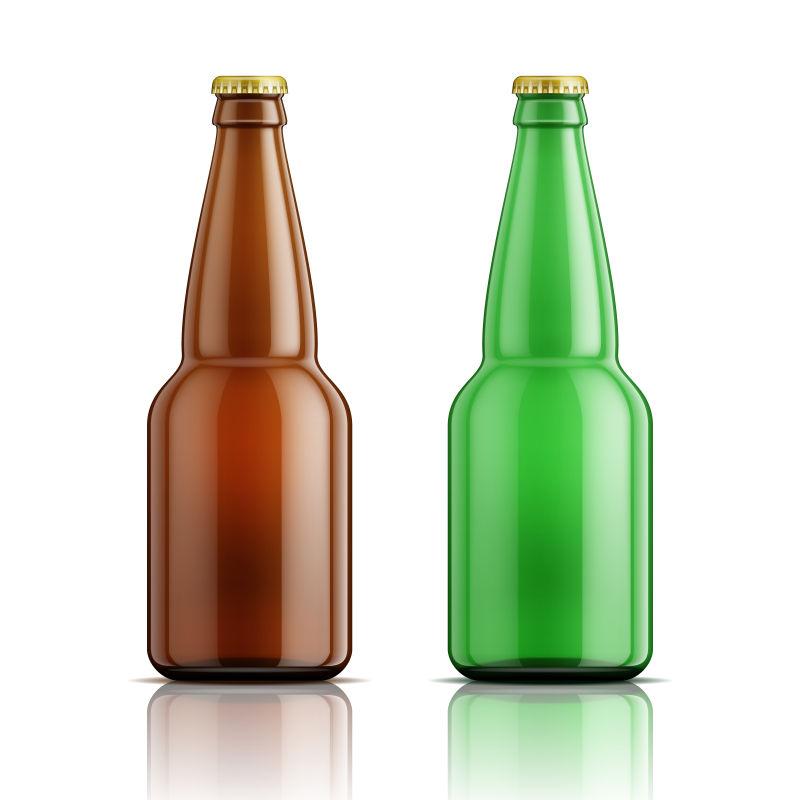 矢量带盖的绿色和棕色啤酒瓶