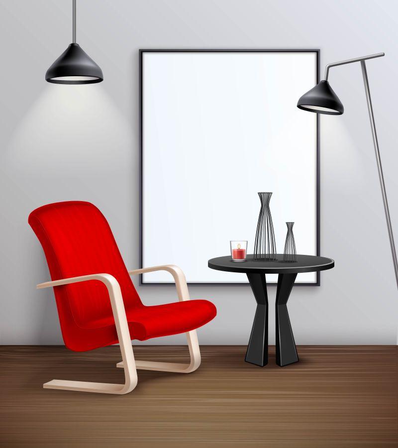 现代室内设计现实造型海报与照明咖啡桌矢量
