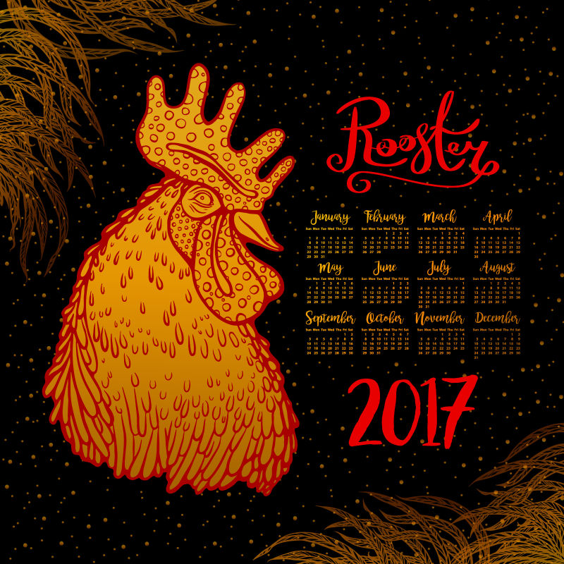 黑色背景上的金鸡2017日历设计矢量