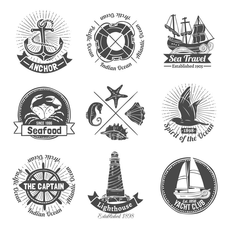 矢量黑白色航海事物图案的徽章