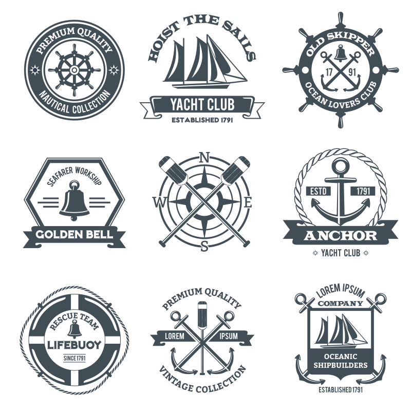 矢量深蓝色航海用事物图案的徽章