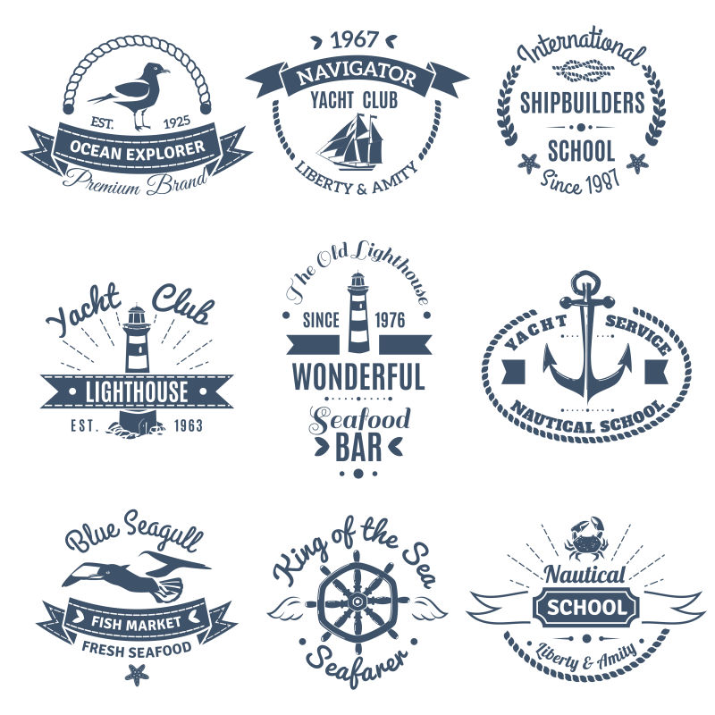 矢量深蓝色航海徽章和航海标志