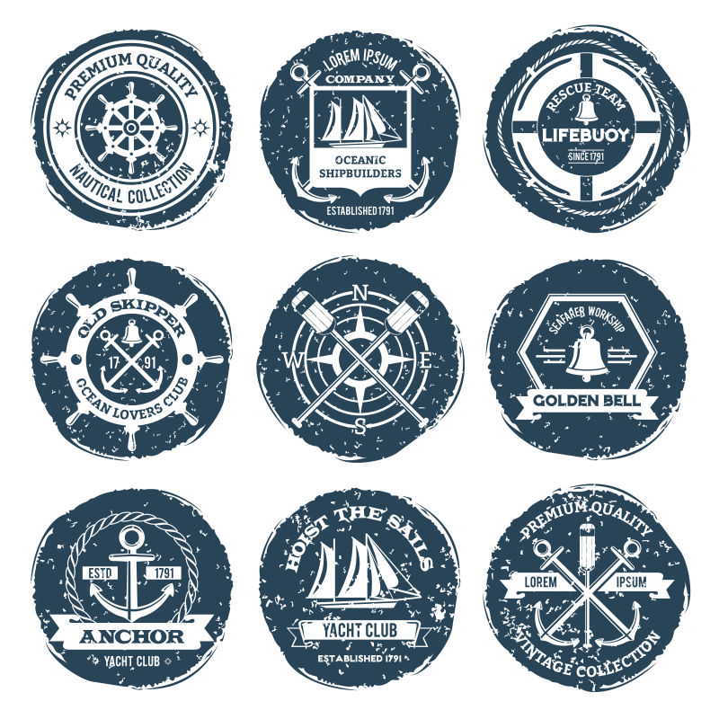 矢量九宫格深蓝色航海事物图案的徽章