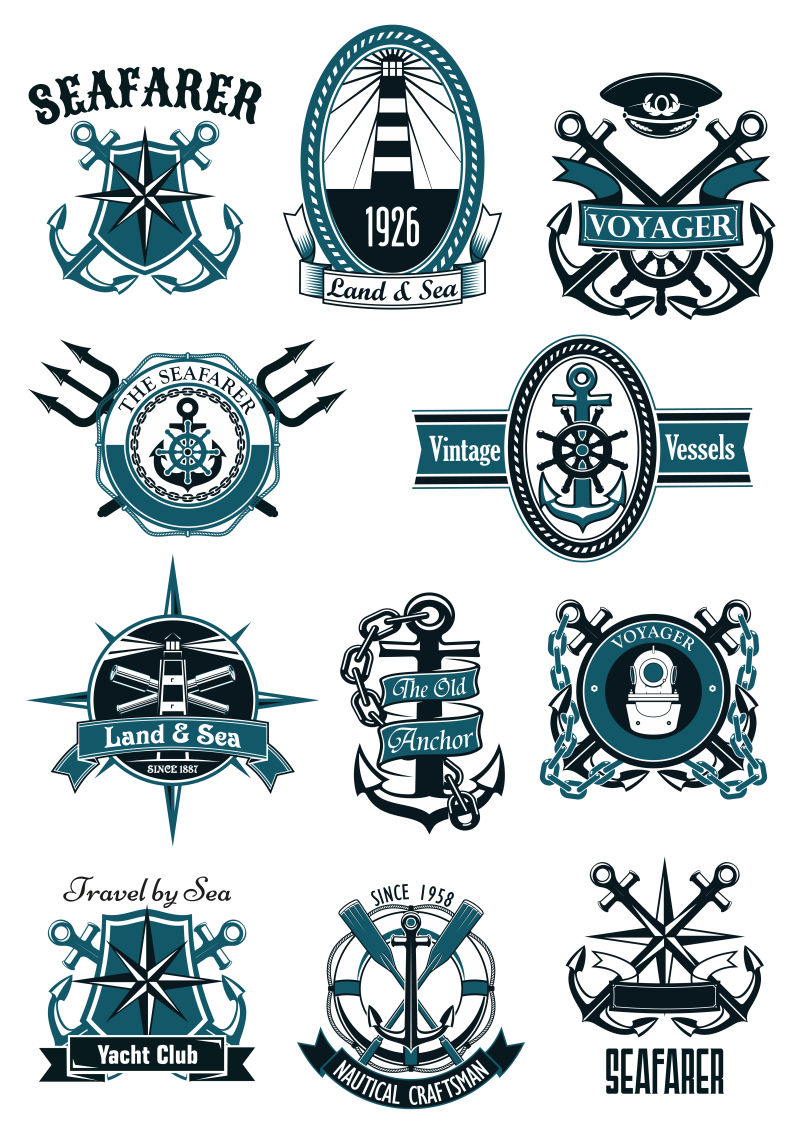 矢量深绿色带航海物品的老式航海徽章