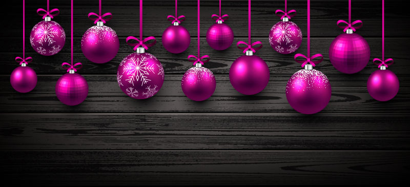 紫红色圣诞球装饰木背景矢量图