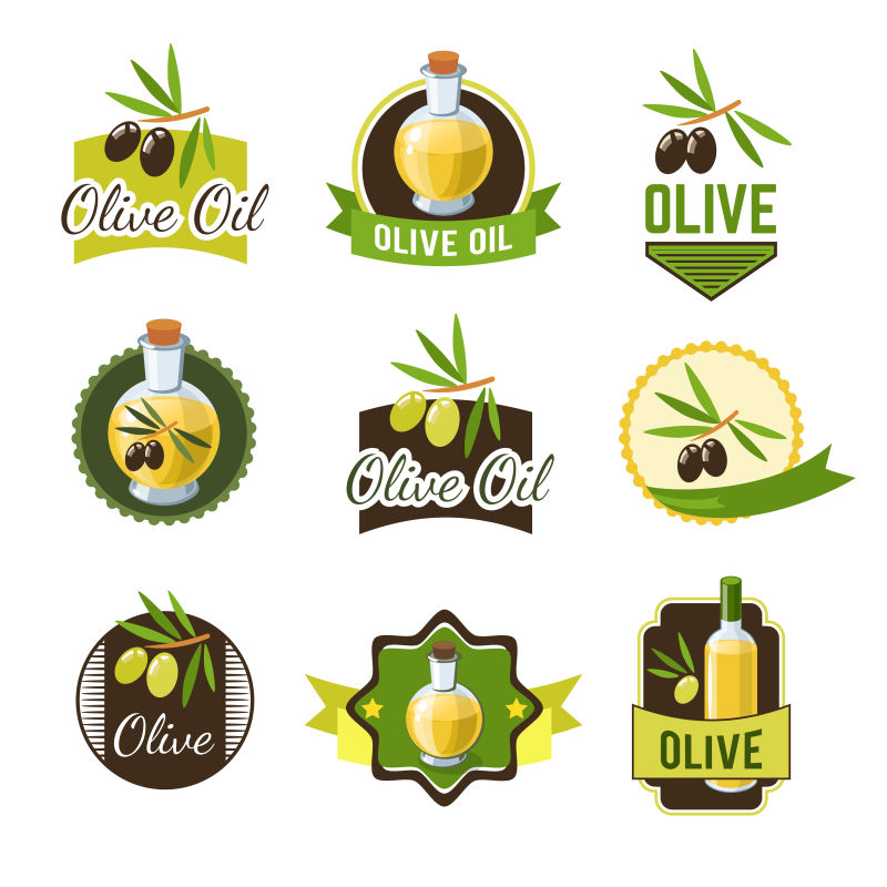 优质天然橄榄油徽章集孤立矢量插图