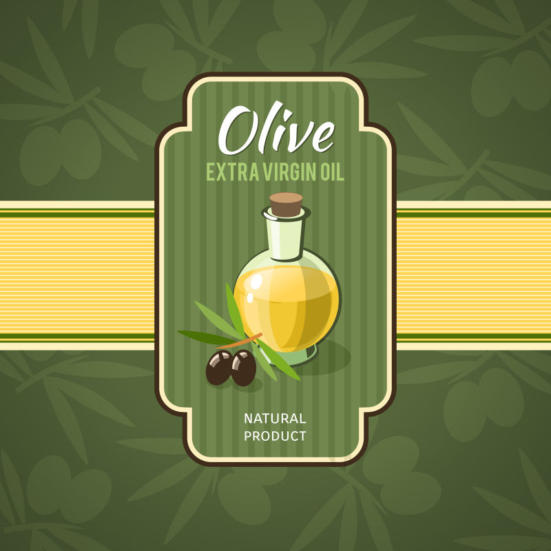 橄榄油徽章与玻璃瓶和分支的背景矢量插图