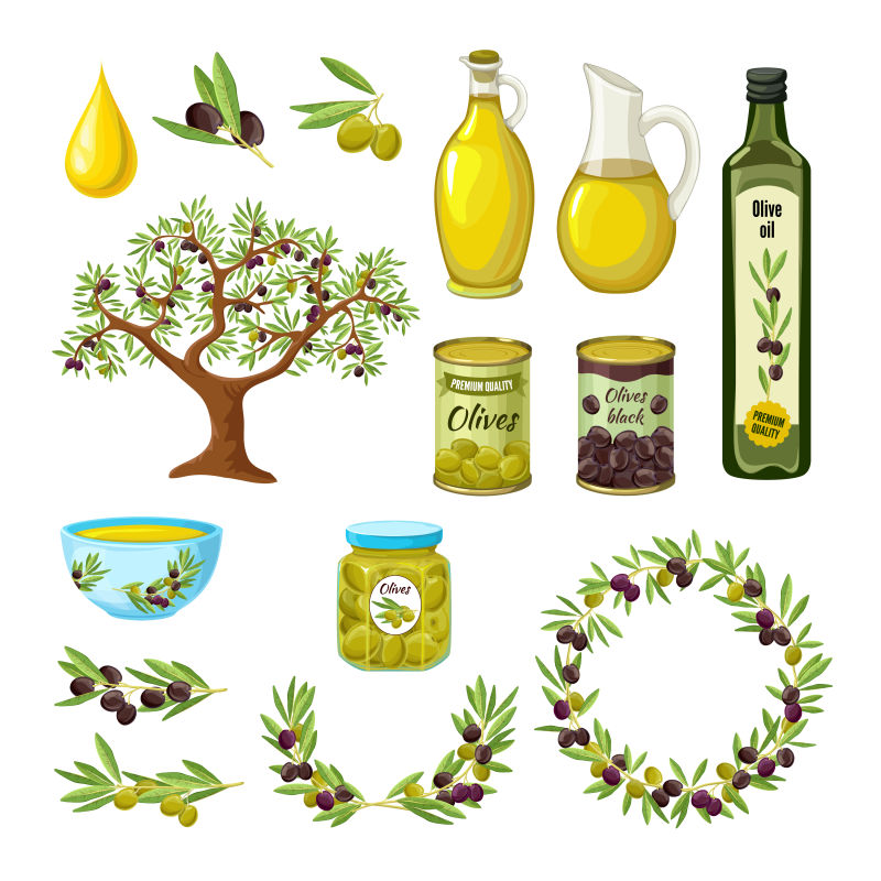 橄榄色孤立图标与橄榄橄榄枝的产品和装饰矢量