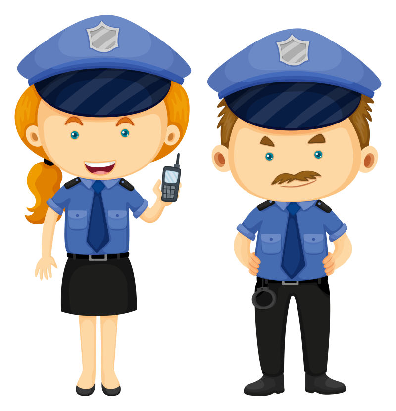 两名穿着蓝色制服的警察矢量插图
