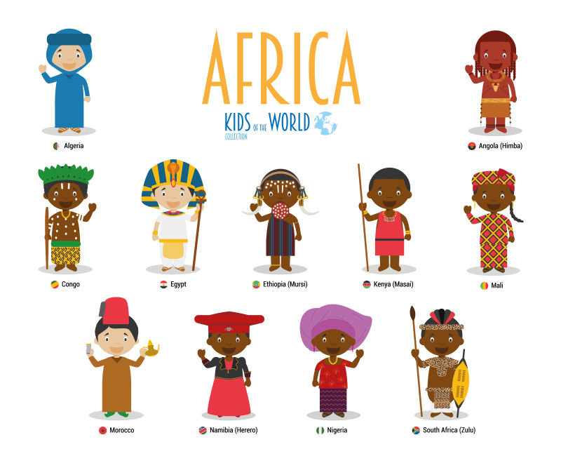 非洲儿童穿着不同服装的矢量插图