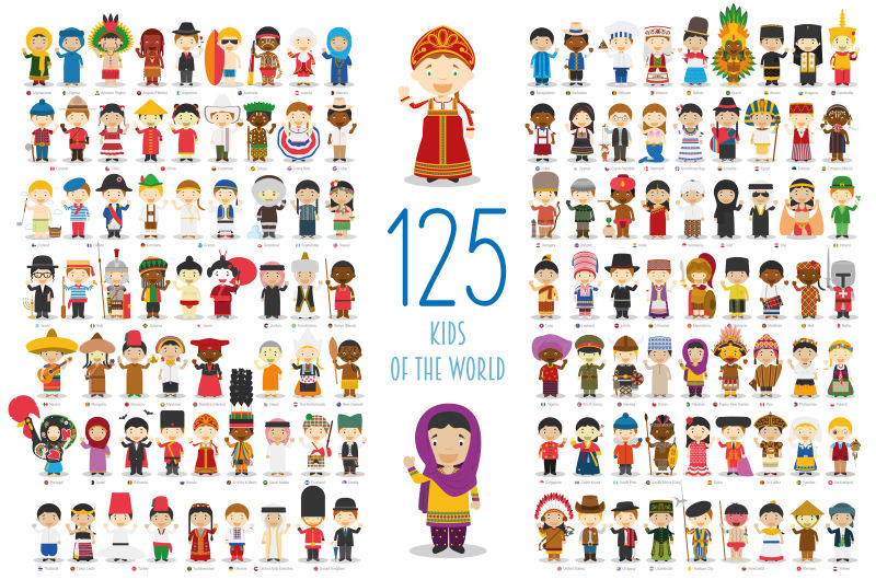 世界125个穿不同服装的儿童矢量图