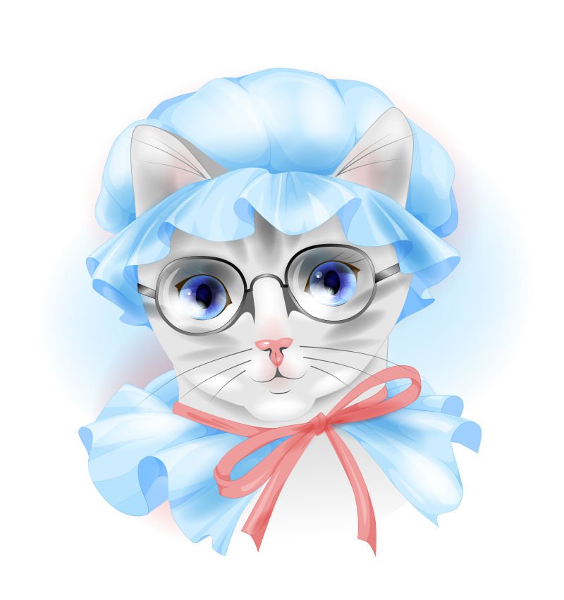 带眼镜和蓝头巾的猫矢量插图