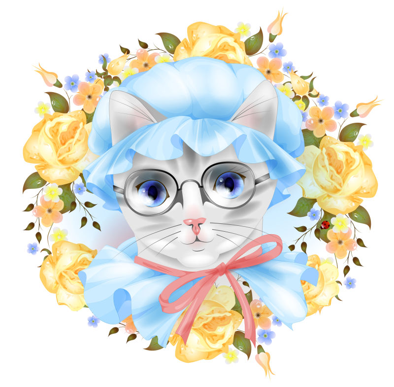 玫瑰花中戴着眼镜的猫矢量图