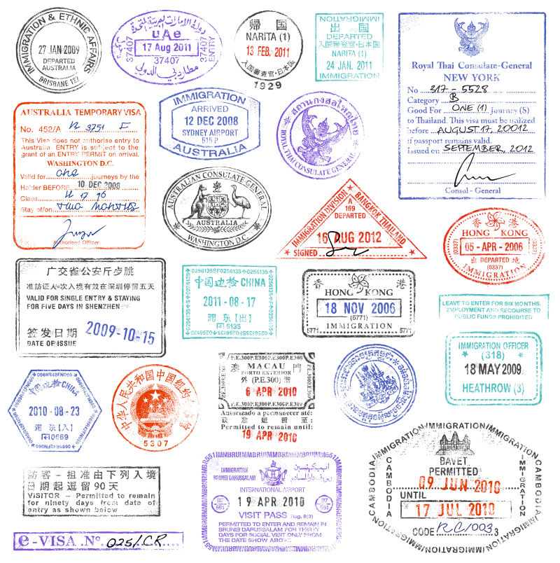矢量不同形状的护照印章设计