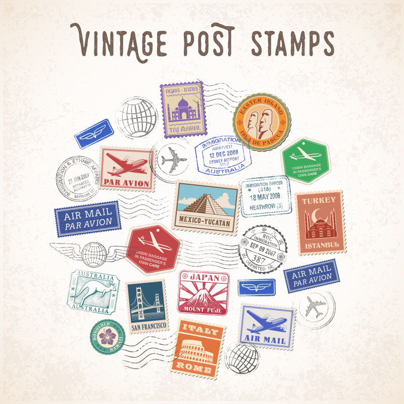 矢量创意各种旅游邮票设计