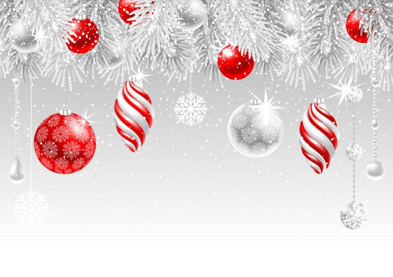 圣诞贺卡与冷冻云杉树枝和不同的圣诞装饰矢量插图