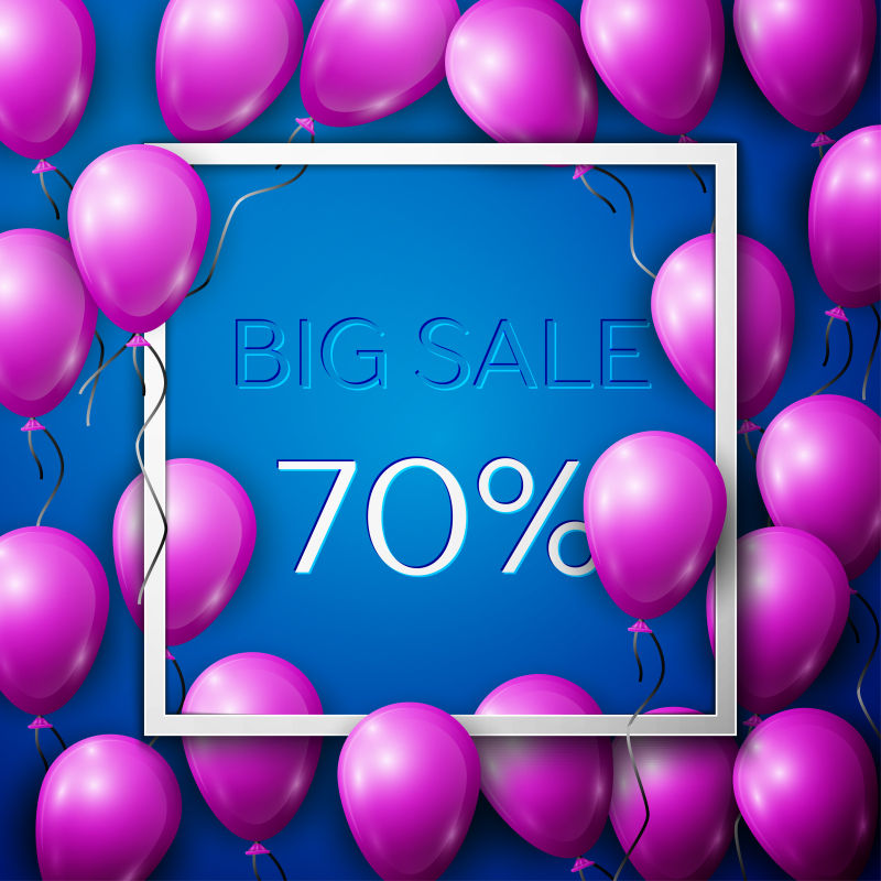 真实的紫色气球在中心文本的销售70%折扣矢量