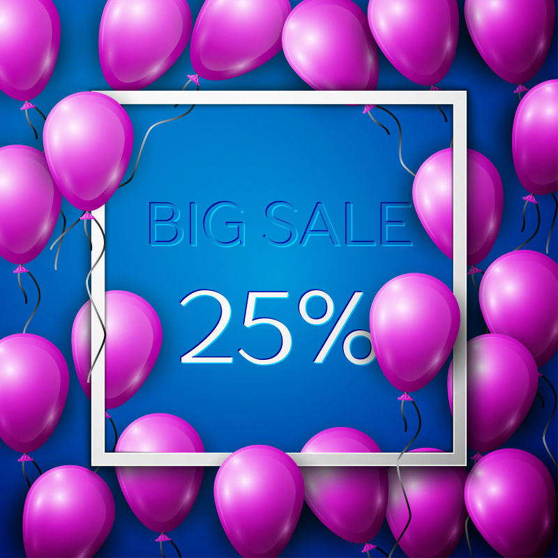 真实的紫色气球在中心文本的销售25%折扣矢量