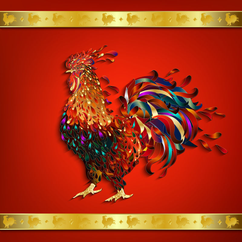 矢量彩色公鸡元素的抽象新年海报