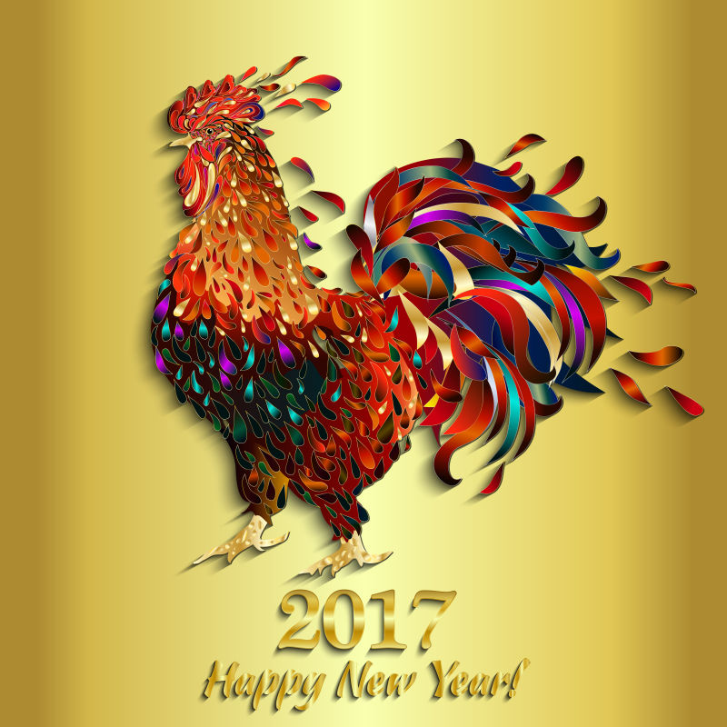 创意矢量彩色公鸡元素的金色新年背景