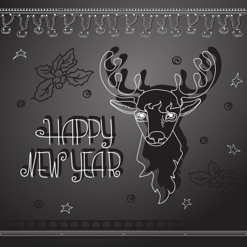 矢量手绘圣诞鹿和手写文字新年快乐