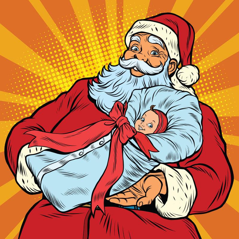 矢量圣诞老人带着礼物新生小孩