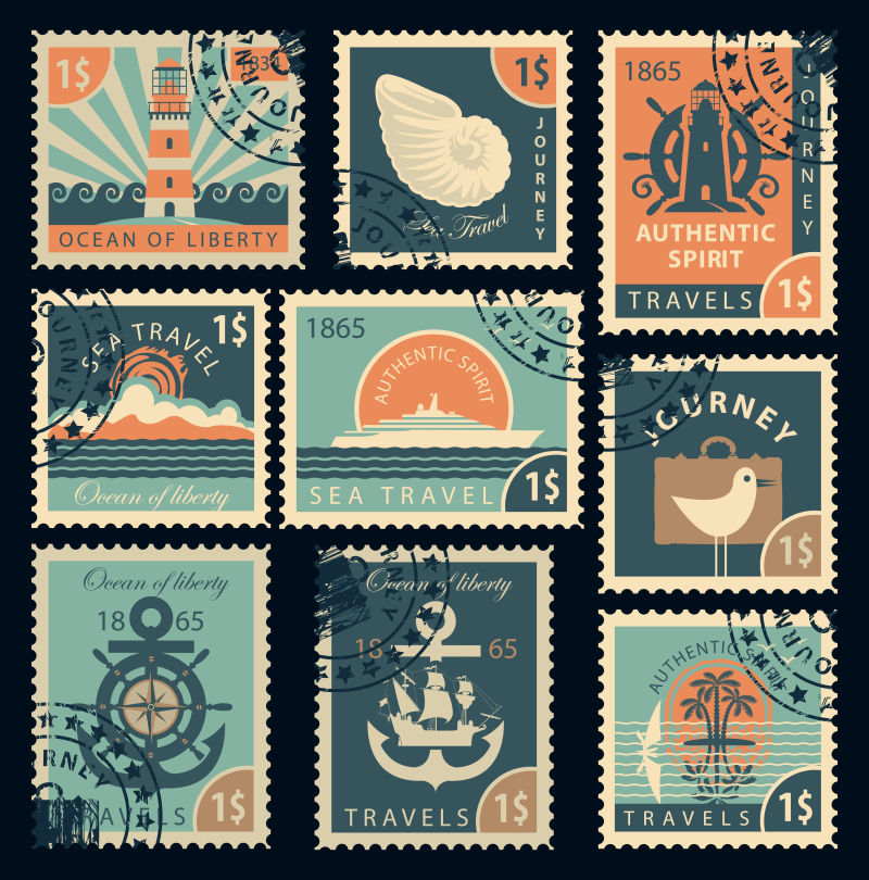 以复古海上旅游风格为主题的矢量老式邮票