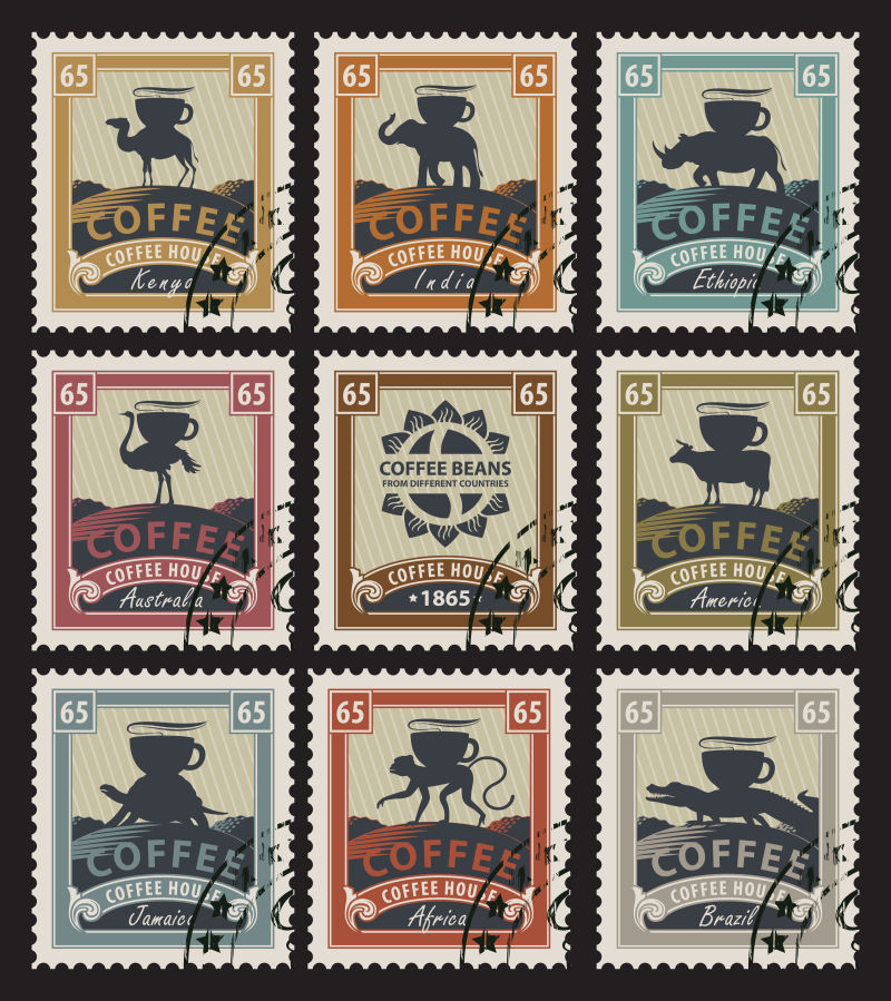 以来自不同国家的动物运输咖啡豆为主题的矢量老式邮票