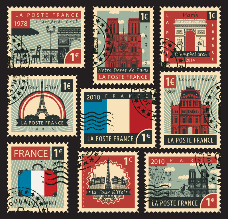 矢量以法国巴黎建筑景观为主题的邮票