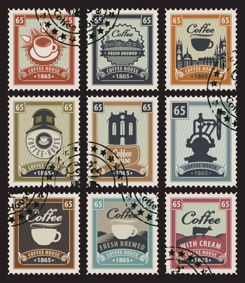 矢量复古风格咖啡馆为主题的老式邮票