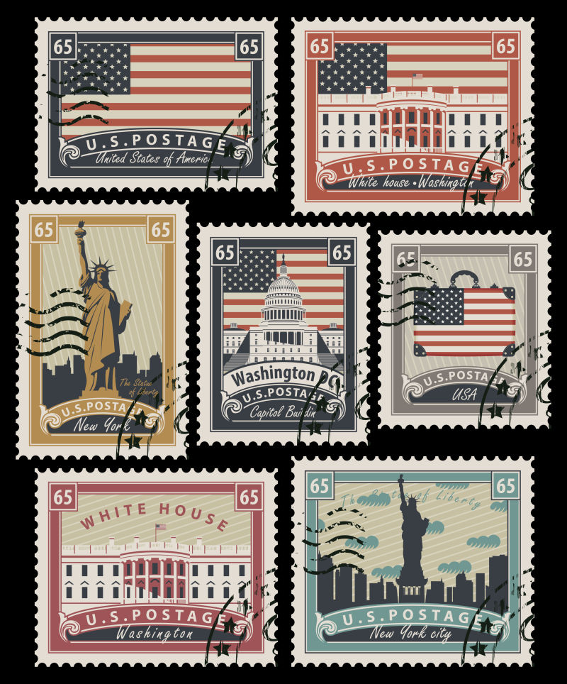 印有美利坚合众国建筑标志的矢量老式邮票