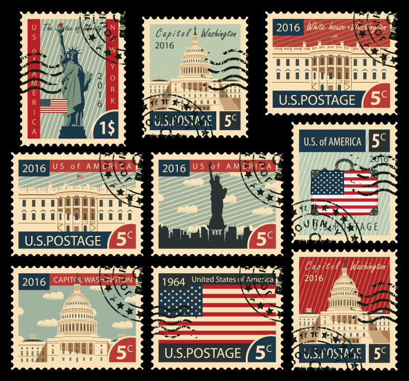 矢量美利坚合众国建筑标志为主题的邮票