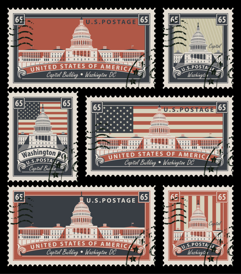 矢量以美国国会大厦为主题的老式邮票